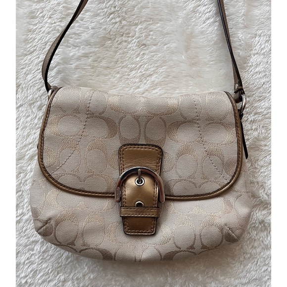 Coach Handbags - Coach Metallic Gold Beige Signature Jacquard Small Crossbody Purse with Buckle
